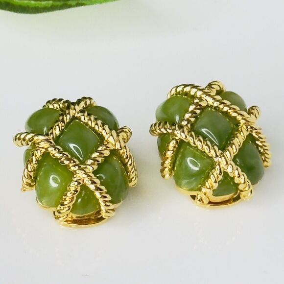 Vintage KJL Kenneth J Lane Earrings Gold Rope Quilted Green Lucite Clip On 1133 - Picture 1 of 15